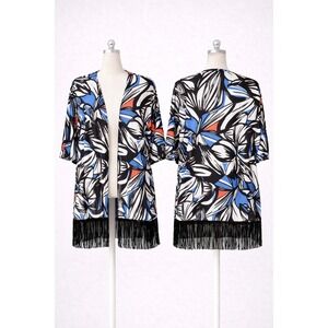 NY Collection Petite Large Floral Fringe Kimono Duster -‎ Boho Festival Chic